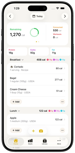 FitBee daily nutrition tracking screen
