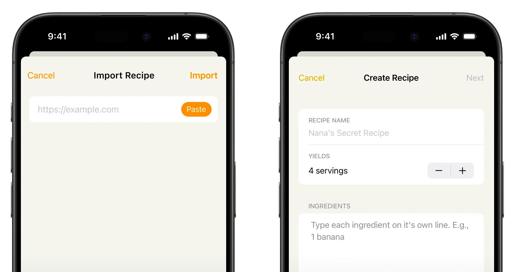 FitBee recipe import and creation screens.