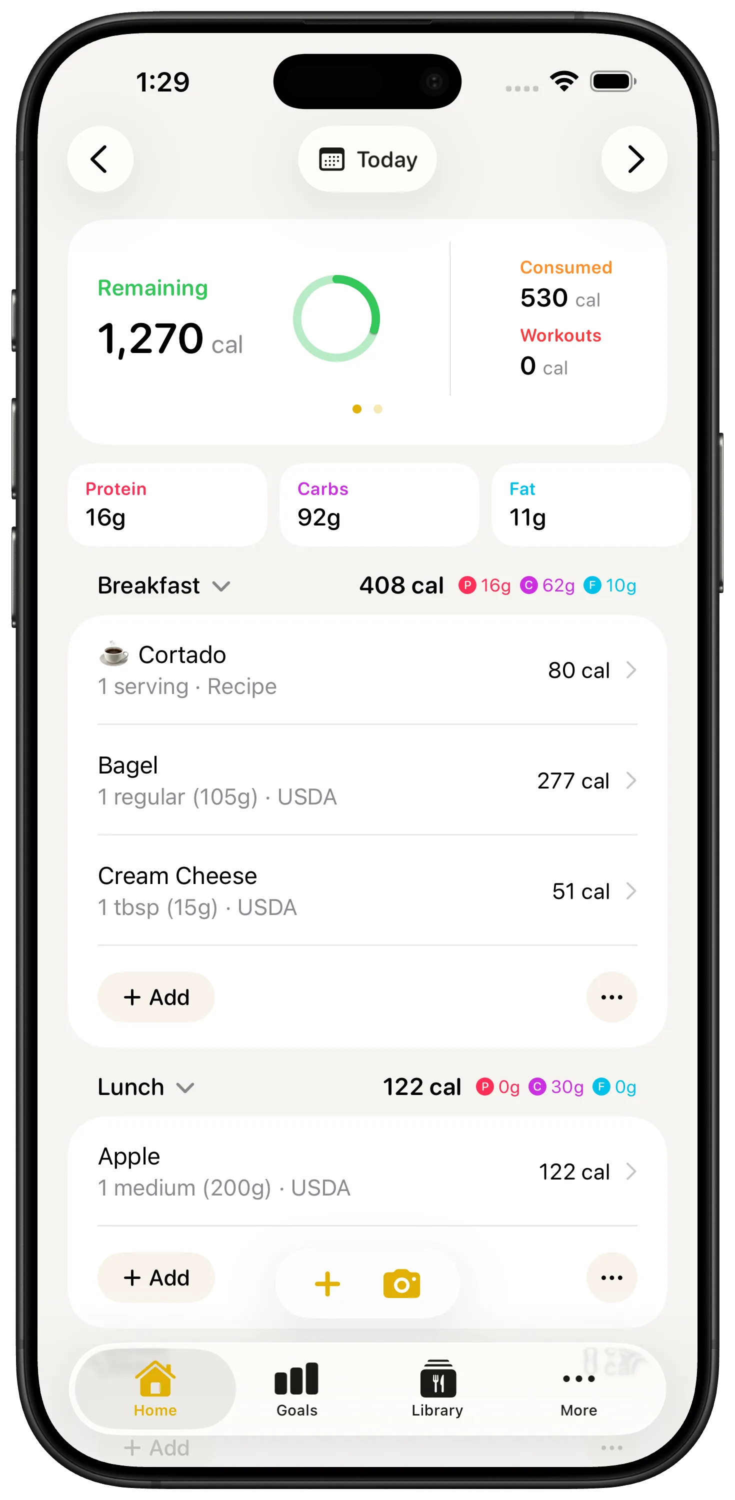 FitBee daily nutrition tracking screen