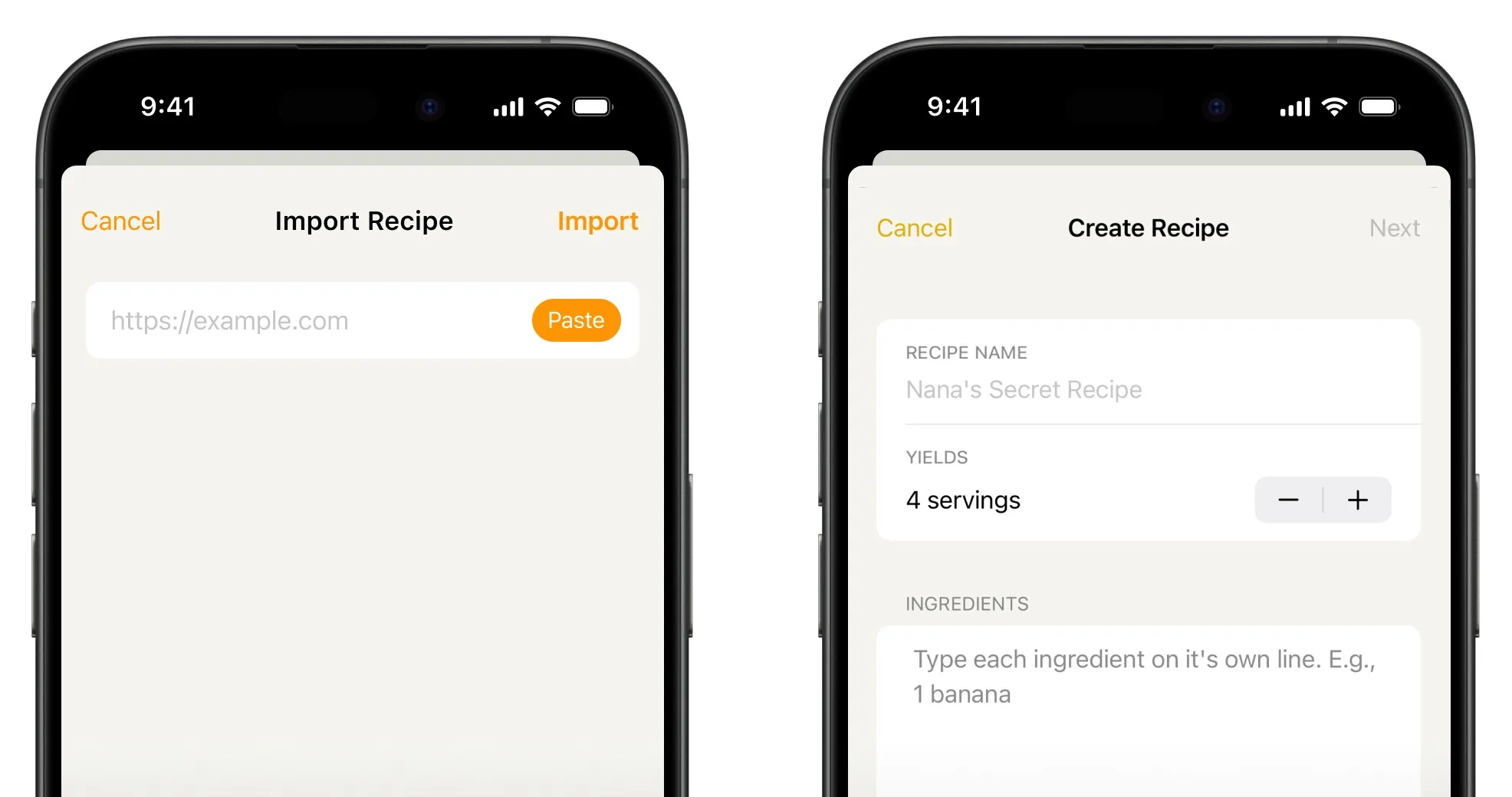 FitBee recipe import and creation screens.